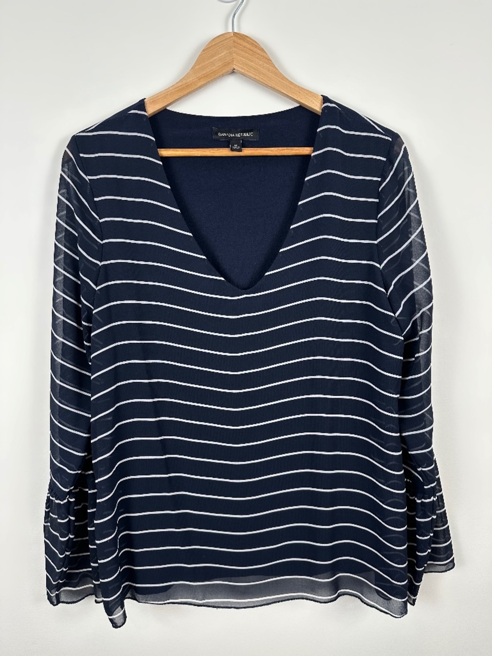 Banana Republic Navy Striped V-Neck Sheer Bell Sleeve Top Size M